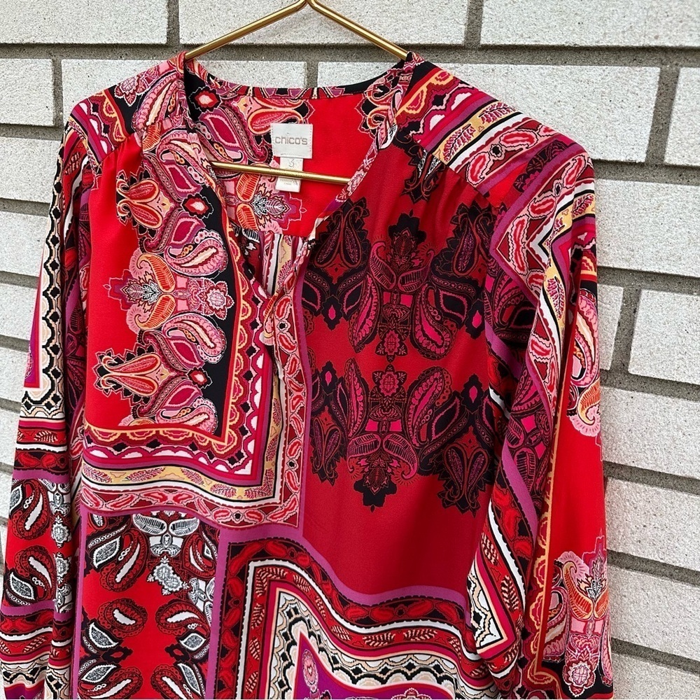 Chico’s Red Patchwork Paisley Peasant Blouse Split Neck Boho Scarf Print Top XL - Picture 4 of 14
